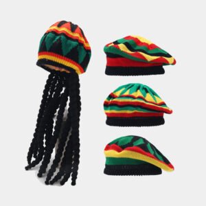 Jamaica Wig Woven Hat Women's Retro Yellow And Green Stitching Beret