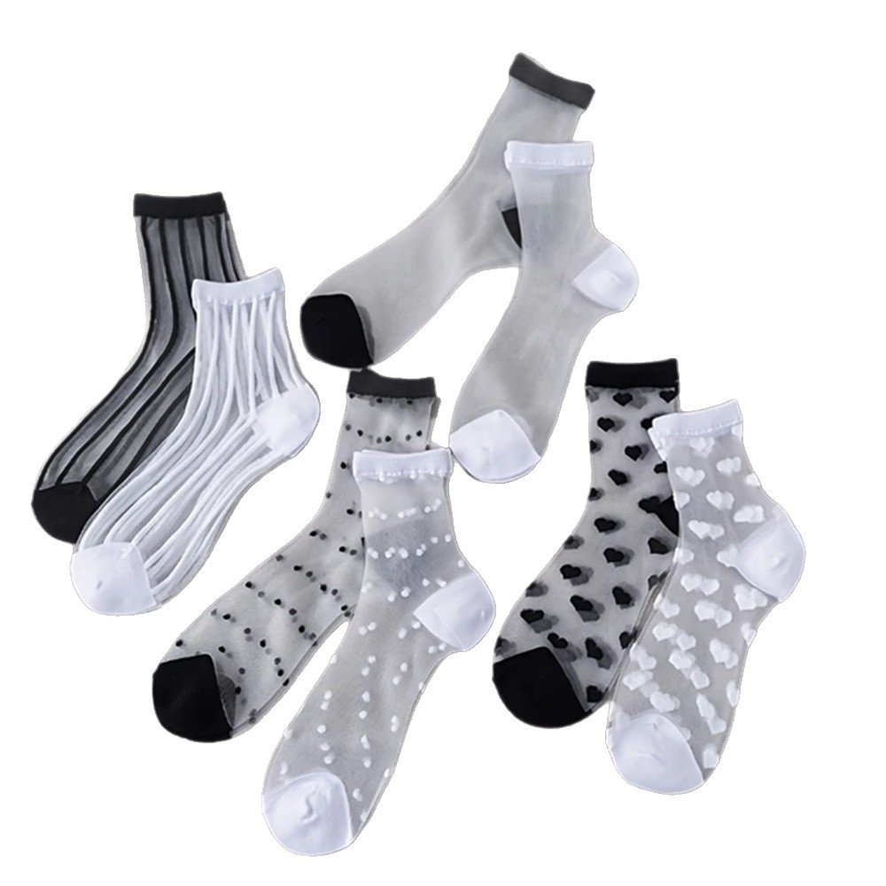 Spun Glass Crystal Tube Socks Women's Summer Thin Black Polka Dot Breathable Mesh - Image 2