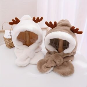 Cute Deer Hat Rabbit Ear Funny Lolita Sweet Kawaii Winter Fluffy Fleece Warm Hat Plush Winter Thickened Cute Antlers Baby Hat With Scarf For 5-10 Y Children