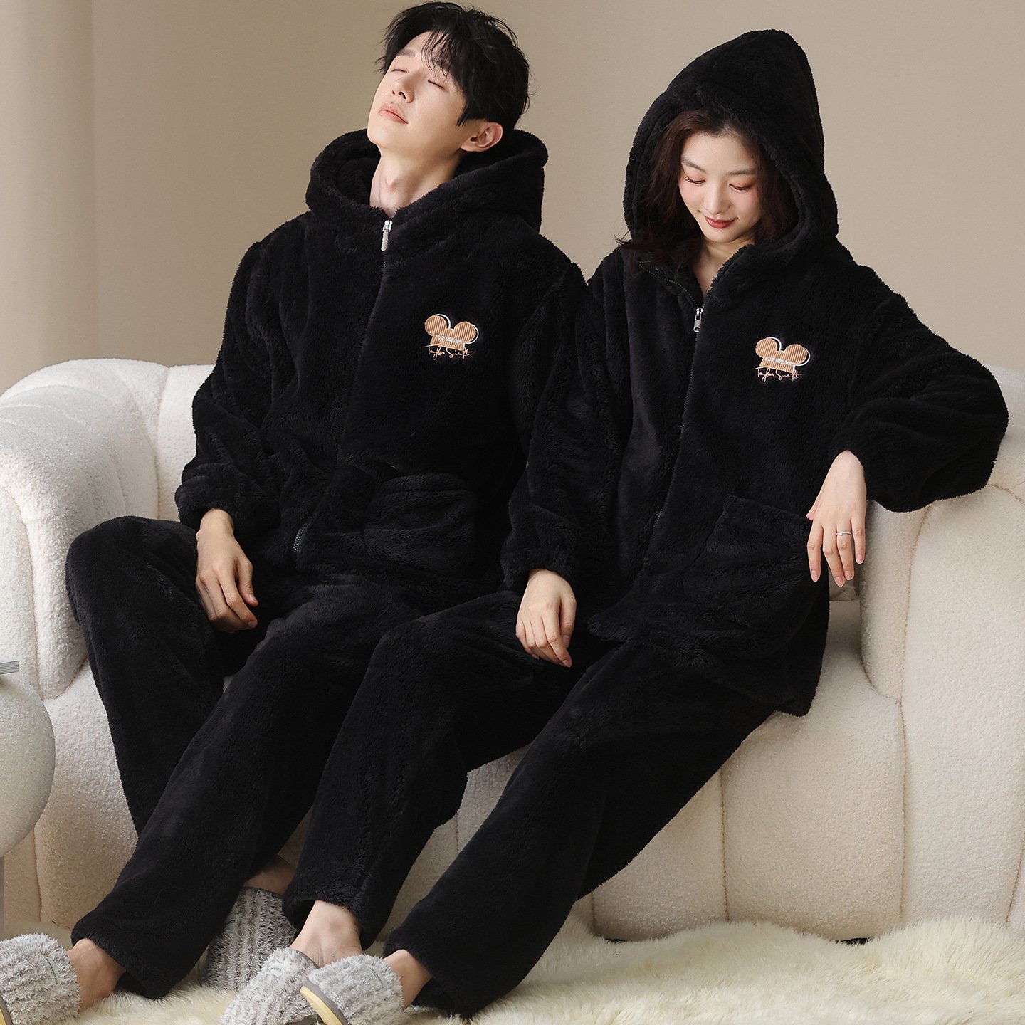 Plush Couple Pajamas Women's Winter Casual Zipper Hooded Outerwear Men's Homewear Suit - Image 3